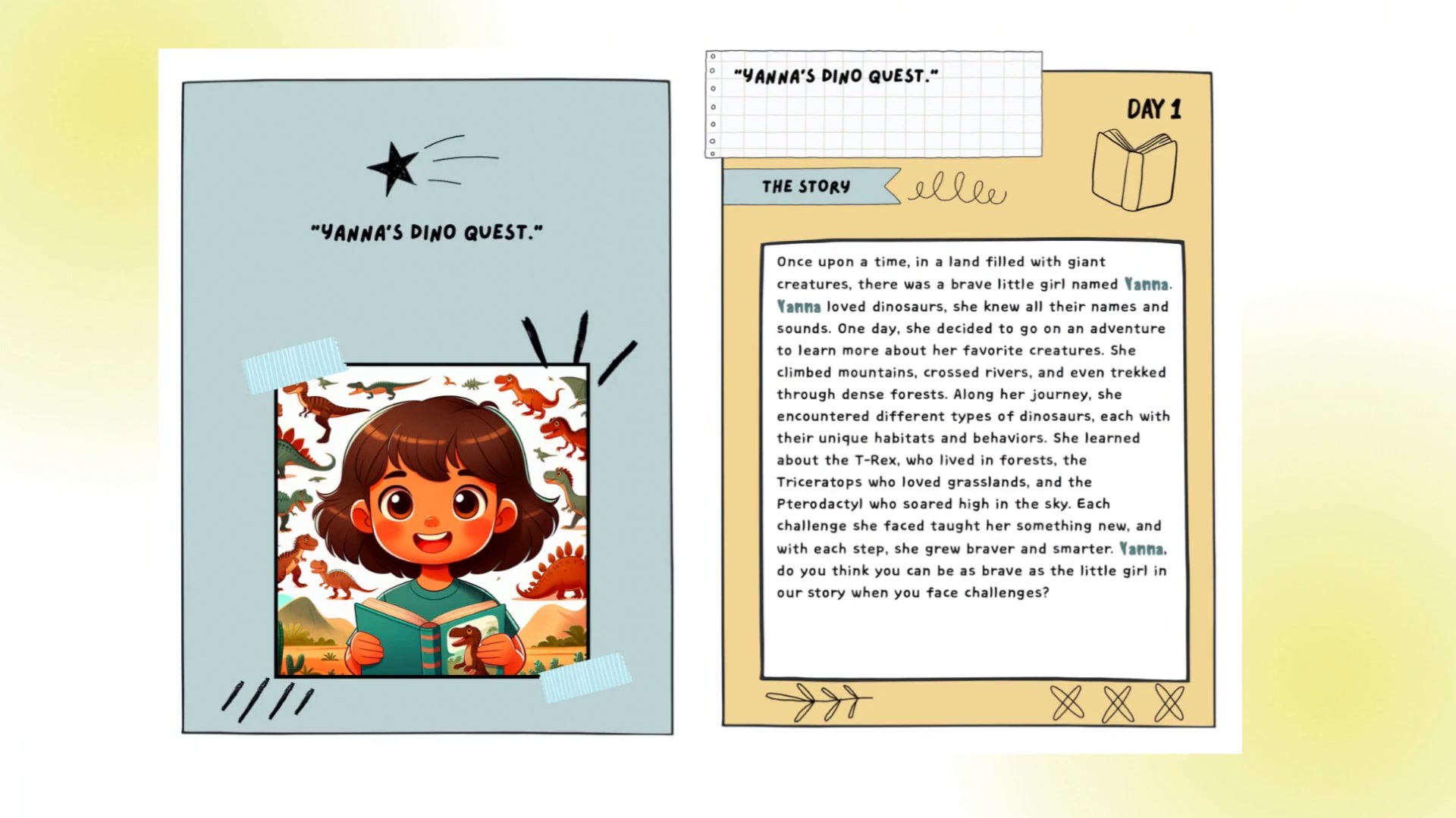 Yanna's Dino Quest — Day 1 story page spread